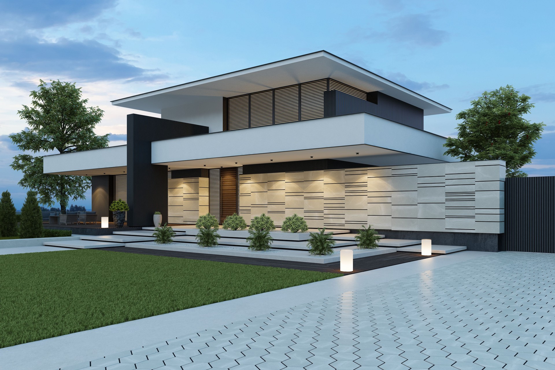 Contemporary Villa with Stunning Stone Facade and Front Yard at Sunset